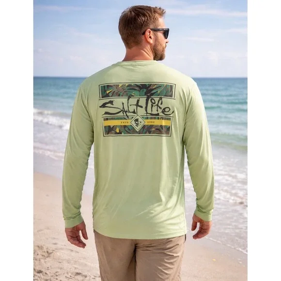 New Salt Life Performance Shirt Mens Small Green Long Sleeve UVapor UPF 50 - Picture 2 of 10